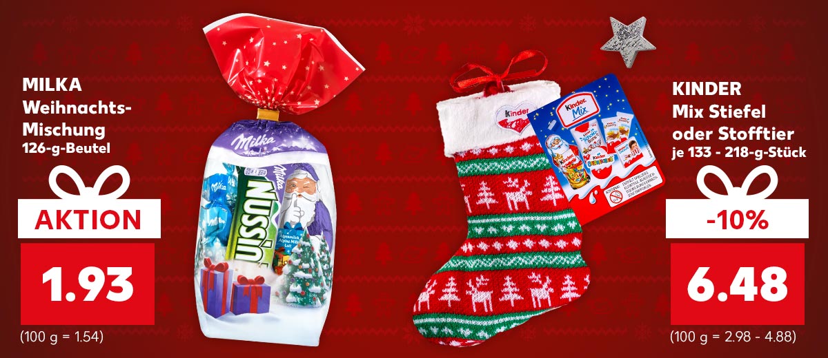 MILKA Weihnachts-Mischung je 126-g-Beutel für 1.93 Euro (100 g = 1.54) und KINDER Mix Stiefel oder Stofftier je 133 - 218-g-Stück für 6.48 Euro (100 g = 2.98 - 4.88)