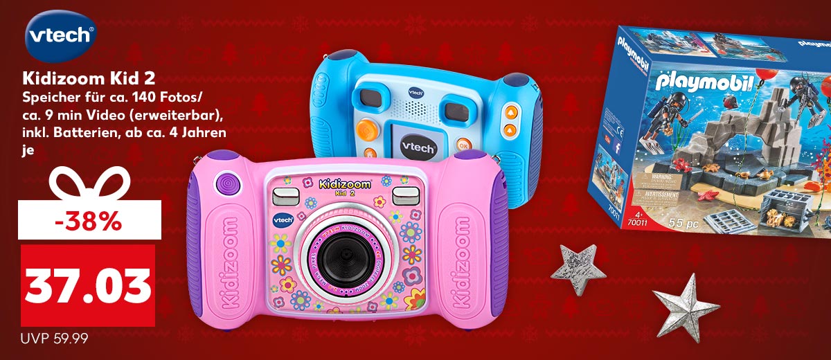 VTECH Kidizoom Kid 2 Speicher fü ca. 140 Fotos/ca. 9 Minuten Video (erweiterbar) inkl. Batterien, ab ca. 4 Jahren je 37.03 Euro (UVP 59.99); Abbildung: PLAYMOBIL Super-Set