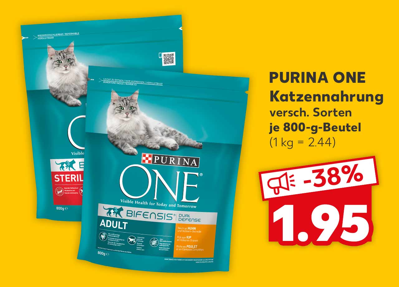 PURINA ONE Katzennahrung versch. Sorten je 800-g-Beutel für 1.95 Euro (1 kg = 2.44)
