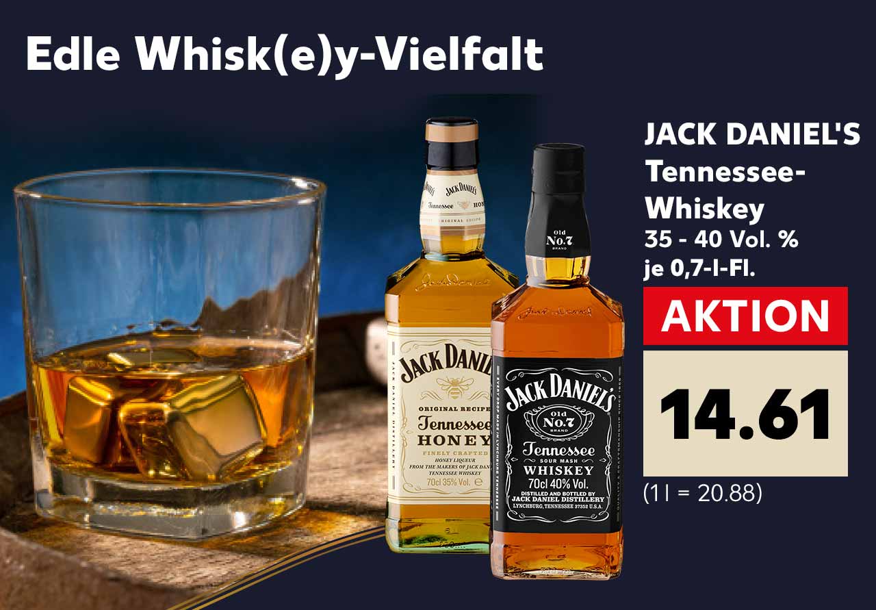 Edle Whisk(e)y-Vielfalt: JACK DANIEL'S Tennessee-Whiskey 35 - 40 Vol. % je 0,7-l-Fl. für 14.61 Euro (1 l = 20.88)