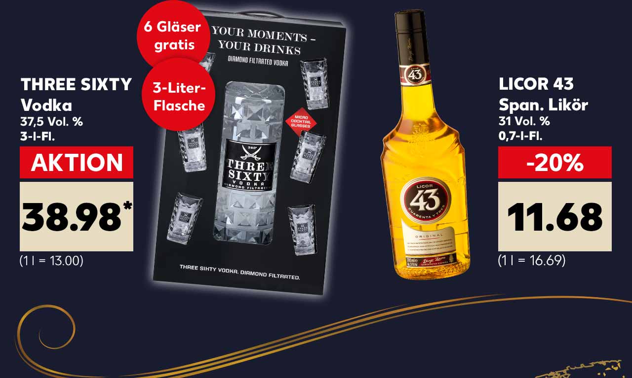 Leckere Genussmomente: THREE SIXTY Vodka 37,5 Vol. %; 3-l-Fl. für 38.98 Euro* (1 l = 13.00) Störer: 6 Gläser gratis und 3-Liter-Flasche; LICOR 43 Span. Likör 31 Vol. % je 0,7-l-Fl. für 11.68 Euro (1 l = 16.69)