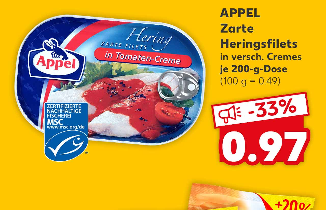 APPEL Zarte Heringsfilets in versch. Cremes je 200-g-Dose für 0.97 Euro (100 g = 0.49) Logo: MSC Zertifizierte nachhaltige Fischerei