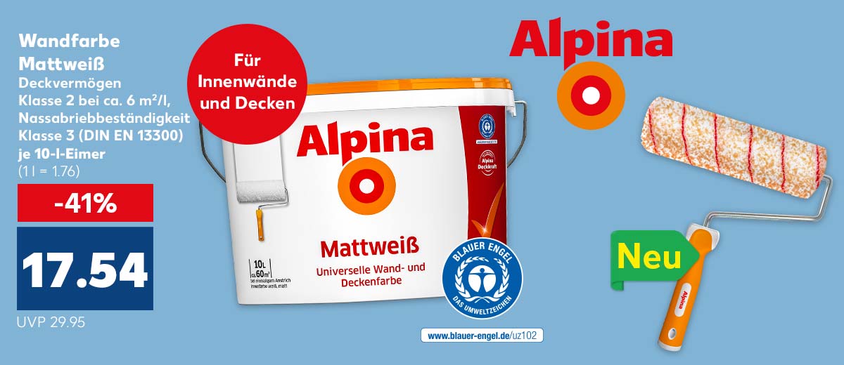 ALPINA Wandfarbe Mattweiß Deckvermögen Klasse 2 bei ca. 6 m²/l, Nassabriebbeständigkeit Klasse 3 (DIN EN 13300) je 10-l-Eimer für 17.54 Euro (1 l = 1.76) UVP: 29.95 Euro; Störer: Für Innenwände und Decken; Störer: Neu; Weiteres Produkt: ALPINA Farbroller mit hochwertigem Flor, Arbeitsbreite ca. 22 cm je 6.33 Euro