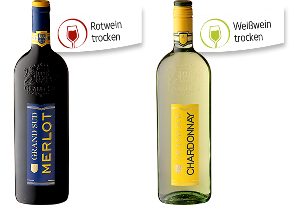 GRAND SUD Merlot mit Fähnchen ”Rotwein trocken” und Chardonnay mit Fähnchen „Weißwein trocken”