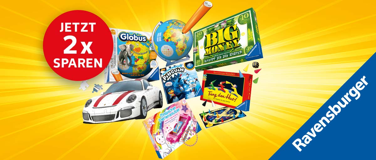 Logo: RAVENSBURGER; Abbildung: versch. Spiele, Puzzles und mehr; Störer: Jetzt 2 x sparen
