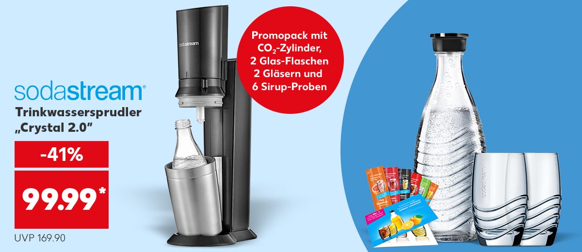 Abbildung: SODASTREAM Trinkwassersprudler „Crystal 2.0” für 99.99 Euro (UVP 169.90); Störer: Promopack mit CO2-Zylinder, 2 Glas-Flaschen, 2 Gläsern und 6 Sirup-Proben