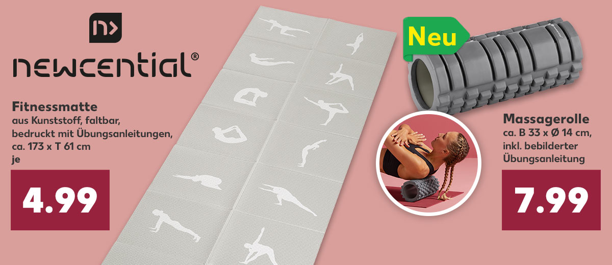 Logo: Newcential® Fitnessmatte aus Kunststoff, faltbar, bedruckt mit Übungsanleitungen ca. 173 x T 61 cm für je 4.99 Euro und Massagerolle ca. B 33 x Ø 14 cm, inkl. bebilderter Übungsanleitung für je 7.99 Euro
