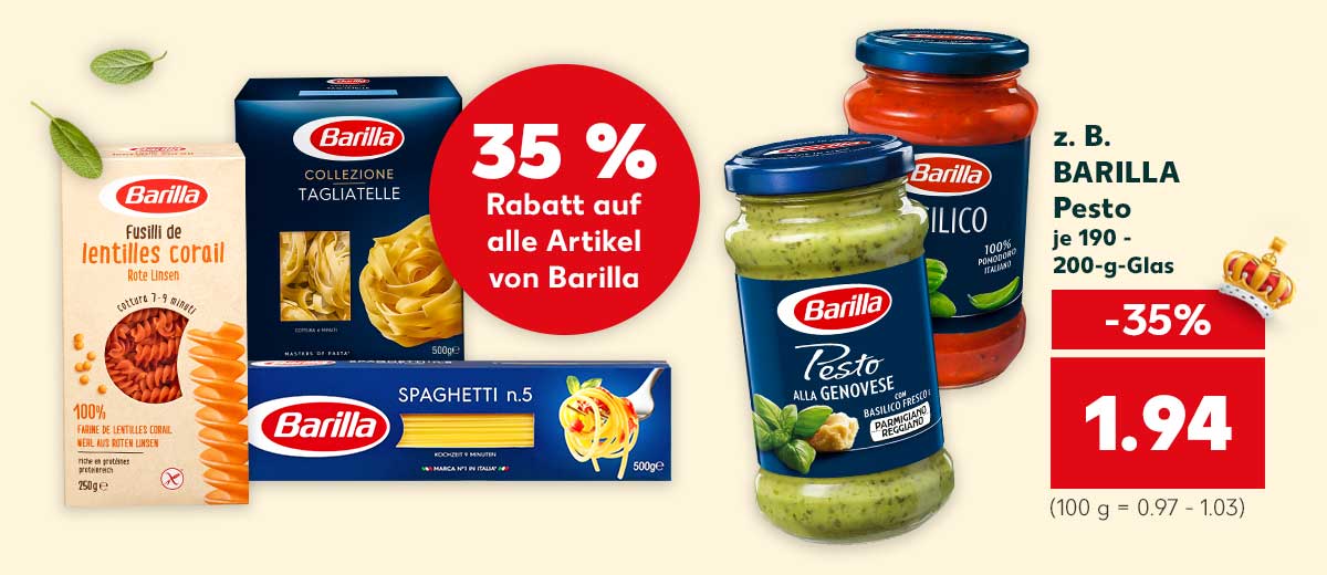 Störer: 35 % Rabatt auf alle Artikel von Barilla; z. B. BARILLA Pesto je 190 - 200-g-Glas für 1.94 Euro (100 g = 0.97 - 1.03); Abbildung: versch. Produkte von BARILLA