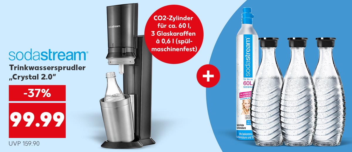 Logo: Sodastream Trinkwassersprudler „Crystal 2.0” für 99.99 Euro (UVP 159.90); Störer und Abbildung: CO2-Zylinder für ca. 60 l, 3 Glaskaraffen à 0,6 l (spülmaschinenfest)