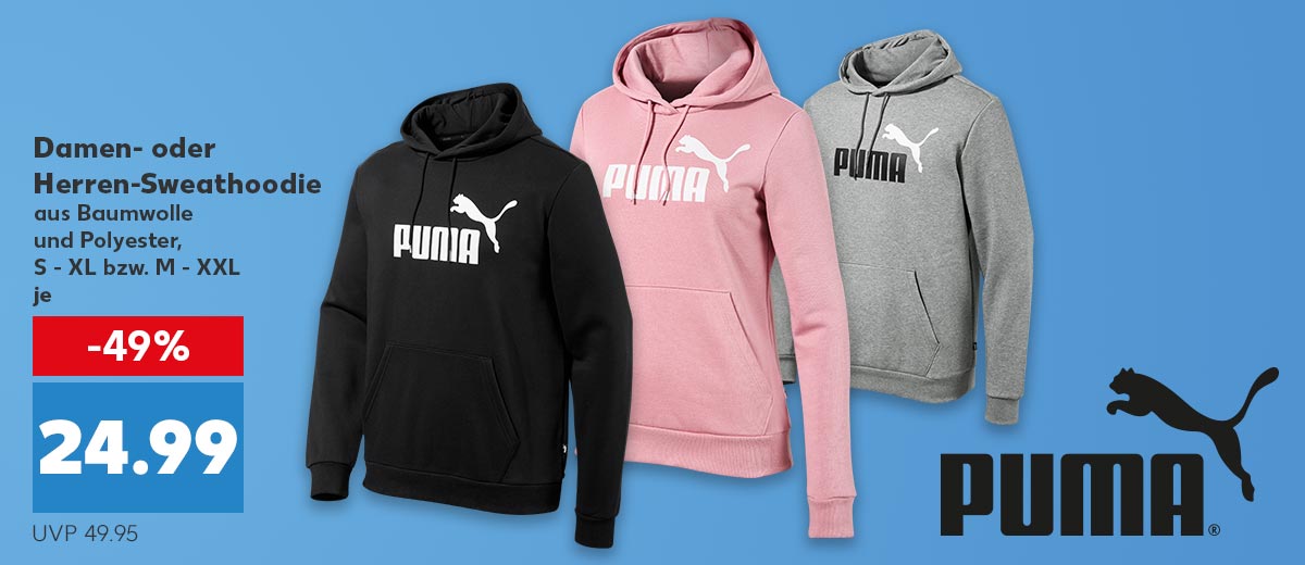 Logo: PUMA; Damen- oder Herren-Sweathoodie aus Baumwolle und Polyester S - XL bzw. M - XXL für je 24.99 Euro (UVP 49.95)