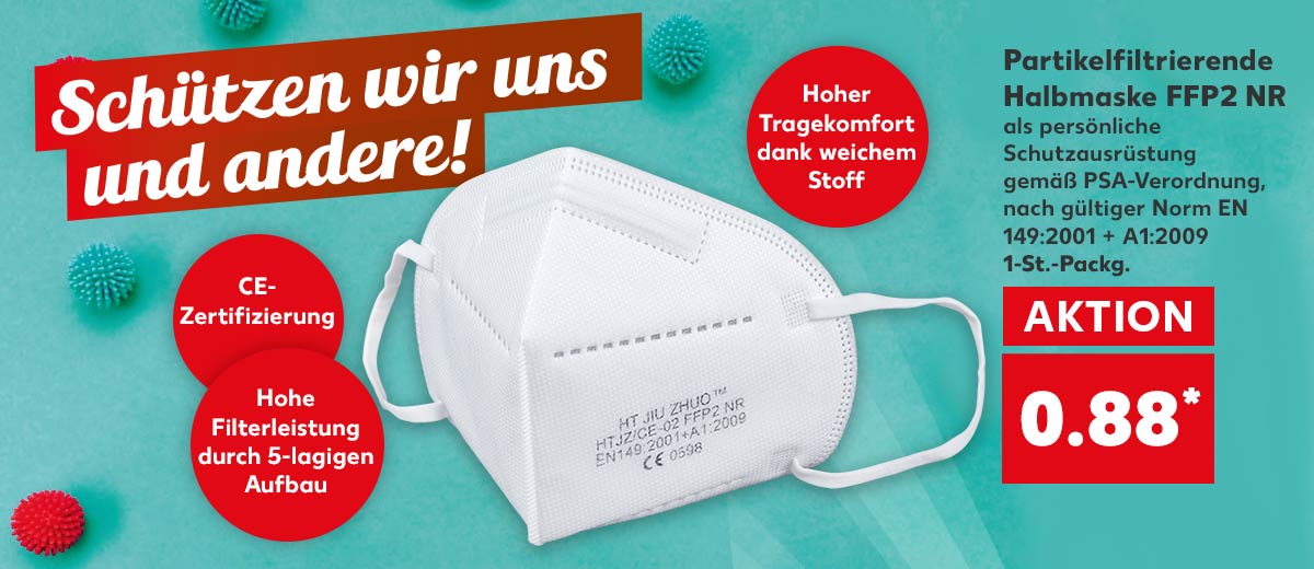 Schriftzug: Schützen wir uns und andere! Produktabbildung: Partikelfiltrierende Halbmaske FFP2 NR als persönliche Schutzausrüstung gemäß PSA-Verordnung, nach gültiger Norm EN 149:2001 + A1:2009 je 1-St.-Packg für 0.88 Euro*; Störer: Hoher Tragekomfort dank weichem Stoff; CE-Zertifizierung; Hohe Filterleistung durch 5-lagigen Aufbau