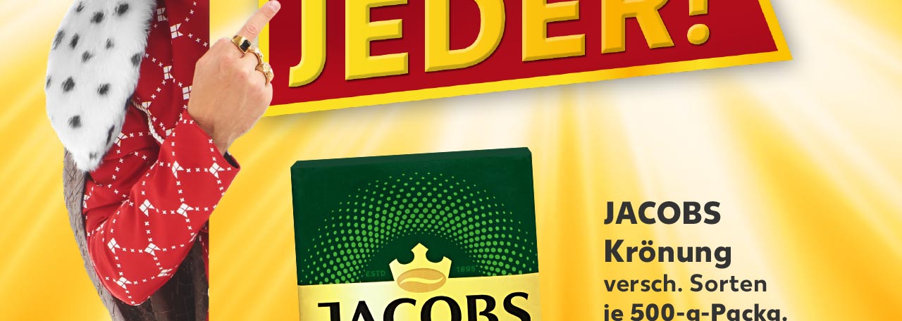 König von Kaufland zeigt auf Schrifzug: KÖNIGLICHE ANGEBOTE: HIER SPART JEDER!