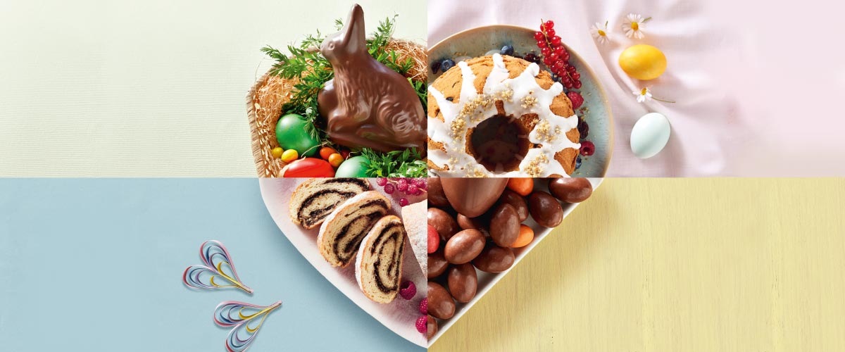 Viergeteilte Grafik in Herzform mit versch. Süßwaren wie Schokolade, Kuchen und Zopf