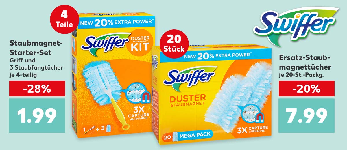 Logo: SWIFFER; Staubmagnet-Starter-Set Griff und 3 Staubfangtücher je 4-teilig für 1.99 Euro; Störer: 4 Teile; Ersatz-Staubmagnettücher je 20-St.-Packg. für 7.99 Euro; Störer: 20 Stück