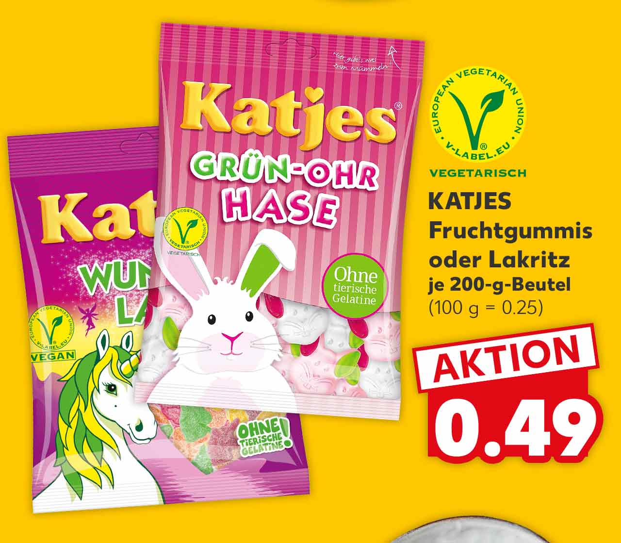 KATJES Fruchtgummis oder Lakritz versch. Sorten je 200-g-Beutel für 0.49 Euro (100 g = 0.25); Logo: Vegetarisch 