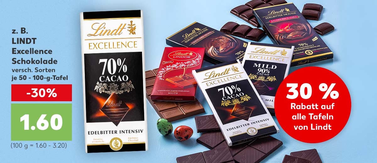 Störer: 30 % Rabatt auf alle Tafeln von Lindt; z. B. LINDT Excellence Schokolade versch. Sorten je 50 - 100-g-Tafel für 1.60 Euro (100 g = 1.60 - 3.20); Abbildung versch. Tafeln LINDT Excellence Schokolade