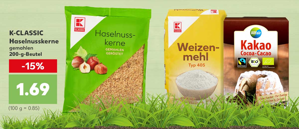 Produktabbildung: K-CLASSIC Haselnusskerne gemahlen je 200-g-Beutel für 1.69 Euro (100 g = 0.85); Weitere Produkte: K-CLASSIC Weizenmehl Typ 405 und ALLFAIR Bio-Kakao