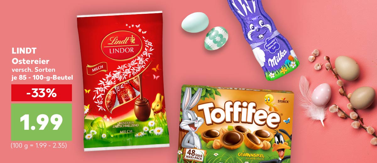 LINDT Ostereier versch. Sorten je 85 - 100-g-Beutel für 1.99 Euro (100 g = 1.99 - 2.35); weitere Produktabbildungen: STORCK Toffifee; MILKA Schmunzelhase; Abbildung: Osterdekoration mit einer Feder und bemalten Eiern
