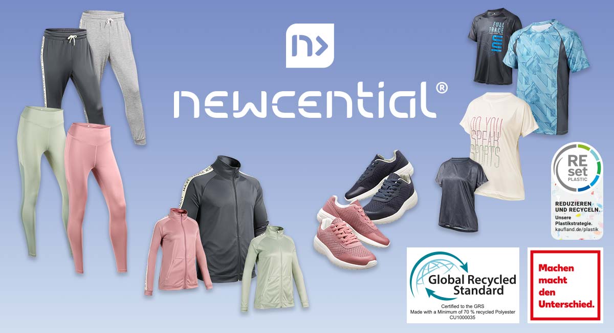 Logo: NEWCENTIAL®; Gobal Recycled Standard;Machen macht den Unterschied; REset Plastic; Abbildung versch. Produkte wie Trainingsjacken, -hosen, shirts, Sportschuhe und -socken