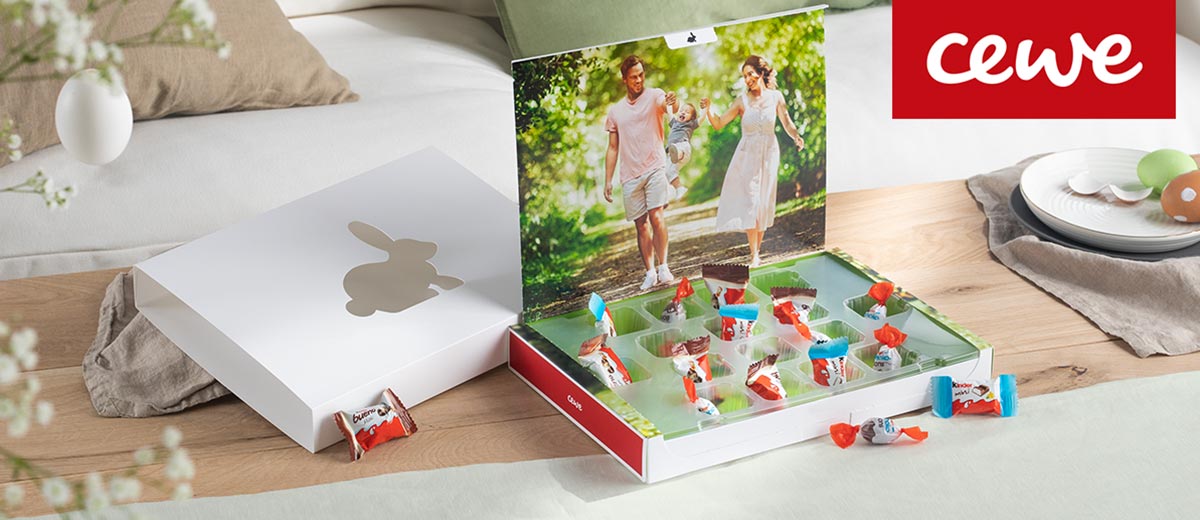 Logo: CEWE; Abbildung: Foto-Schokobox mit Produkten von kinder®; Osterdekoration