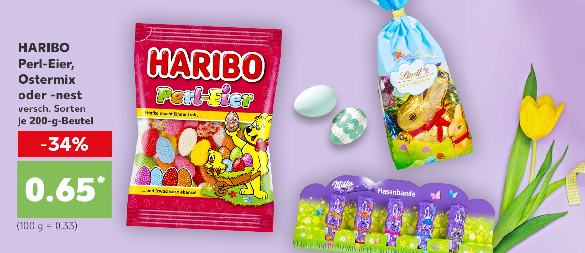 HARIBO Perl-Eier, Ostermix oder -nest versch. Sorten je 200-g-Beutel für 0.65 Euro* (100 g = 0.33); Weitere Produktabbildungen: LINDT Oster-Mischung; MILKA Hasenbande