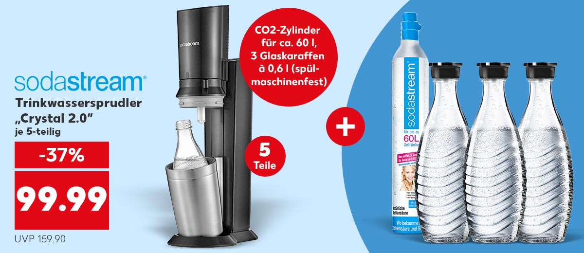 Logo: SODASTREAM; Trinkwassersprudler „Crystal 2.0” je 5-teiligem Set für 99.99 Euro (UVP 159.90); Störer: CO2-Zylinder für ca. 60 l, 3 Glaskaraffen à 0,6 l (spülmaschinenfest); Störer: 5 Teile