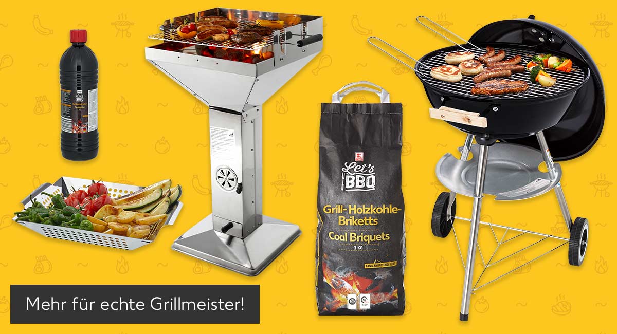 Abbildung: zwei Grills, Grill-Holzkohle-Briketts, Grillkorb und Grillanzünder; Button: Mehr für echte Grillmeister!