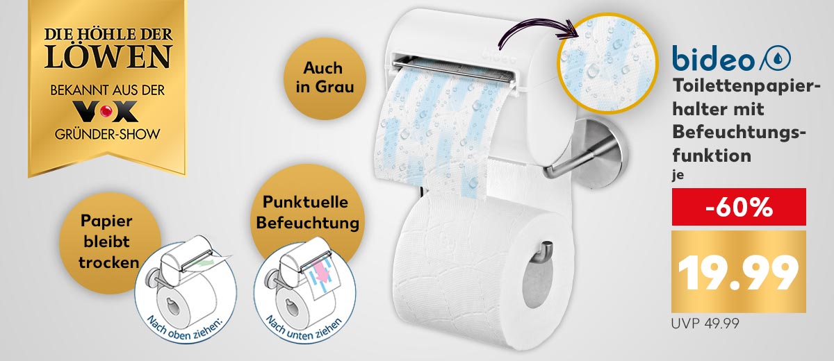 Logo: Die Höhle der Löwen bekannt aus der VOX Gründer-Show; Logo: BIDEO; Toilettenpapierhalter mit Befeuchtungsfunktion für je 19.99 Euro (UVP 49.99); Störer: Punktuelle Befeuchtung; Störer: Auch in Grau; Störer: Papier bleibt trocken
