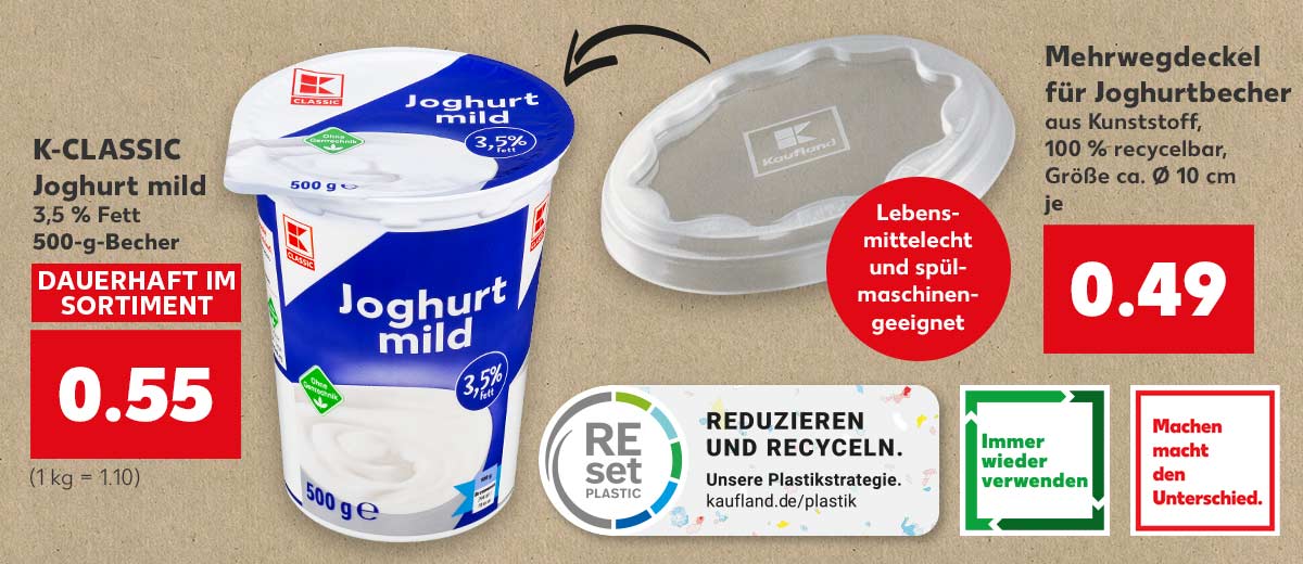 Produktabbildung: K-CLASSIC Joghurt mild 3,5 % Fett je 500-g-Becher für 0.55 Euro (1 kg = 1.10); Mehrwegdeckel für Joghurtbecher aus Kunststoff, 100 % recycelbar, Größe ca. Ø 10 cm für je 0.49 Euro; Störer: Lebensmittelecht und spülmaschinengeeignet; Logo: Reduzieren und Recyceln; Logo: Immer wieder verwenden; Logo: Machen macht den Unterschied.