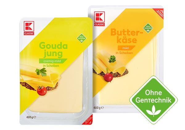 K-Classic Gouda, Butterkäse, Tilsiter oder Edamer; Logo: Ohne Gentechnik