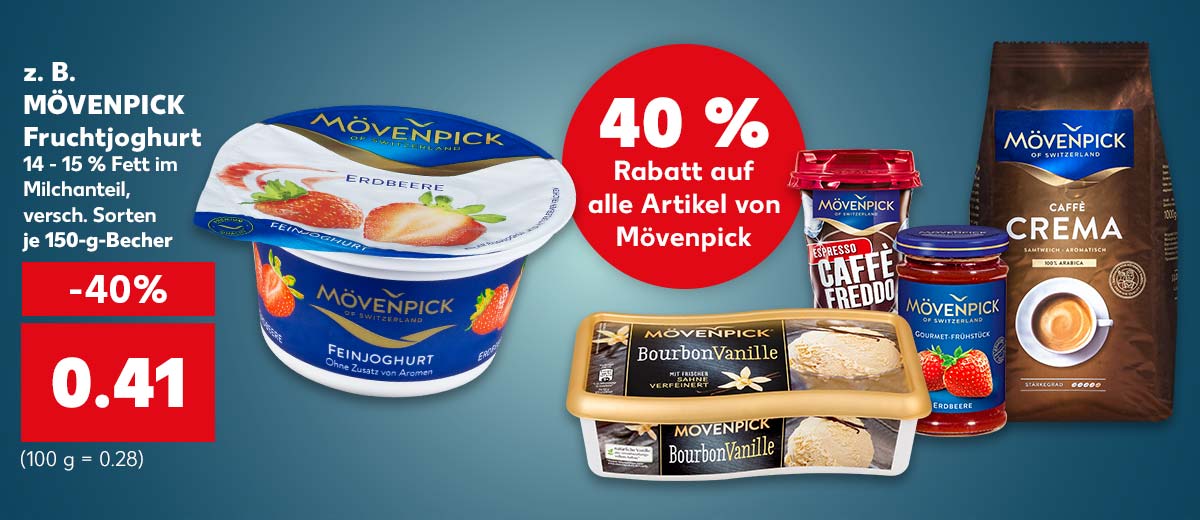 Störer: 40 % Rabatt auf alle Artikel von Mövenpick; z. B. MÖVENPICK Fruchtjoghurt 14 - 15 % Fett im Milchanteil, versch. Sorten je 150-g-Becher für 0.41 Euro (100 g = 0.28); weitere Produkte von MÖVENPICK: Eis, Marmelade und versch. Sorten Kaffee 