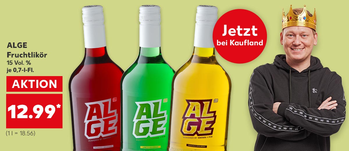 ALGE Fruchtlikör 15 Vol. % je 0,7-l-Fl. für 12.99 Euro* (1 l = 18.56); drei versch. Sorten; Störer: Jetzt bei Kaufland; Abbildung: Knossi mit Krone