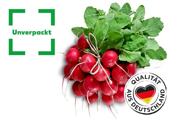 Dtsch. Radieschen; Logo: Unverpackt; Logo: Qualität aus Deutschland