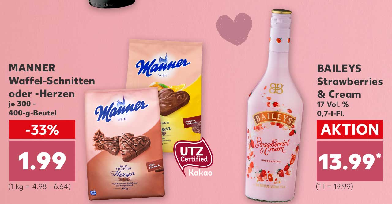 MANNER Waffel-Schnitten oder -Herzen, versch. Sorten, je 300 - 400-g-Beutel für 1.99 (1 kg = 4.98 - 6.64); Logo: UTZ Certified Kakao; BAILEYS Strawberries & Cream, 17 Vol. %, je 0,7-l-Fl. für 13.99 Euro* (1 l = 19.99)