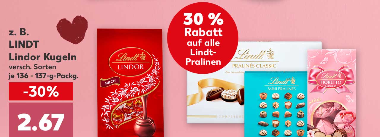 Störer: 30 % Rabatt auf alle Lindt-Pralinen; z. B. LINDT Lindor Kugeln, versch. Sorten, je 136 - 137-g-Packg. für 2.67 Euro (100 g = 1.95 - 1.97); Weitere Artikel von LINDT; Button: Mehr Angebote zum Muttertag entdecken