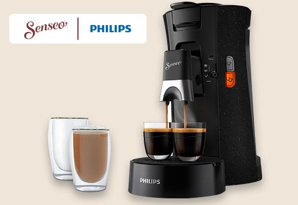 Logo: SENSEO und PHILIPS; Abbildung: Kaffeepadmaschine »Select Eco CSA240/20«; Gläser-Set