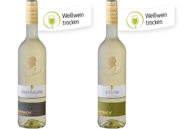 MAYBACH Weißweine, versch. Sorten; Fähnchen an den Flaschen: Weißwein trocken
