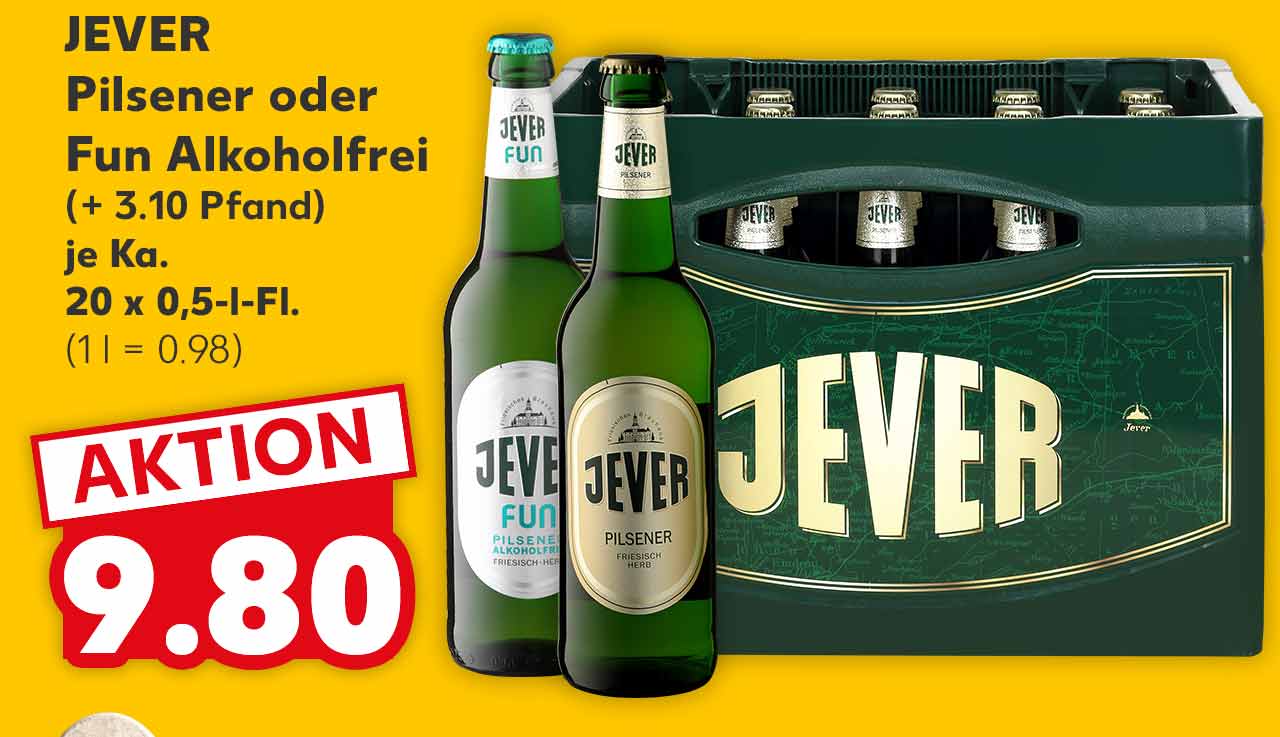 JEVER Pilsener oder Fun Alkoholfrei (+ 3.10), je Ka. 20 x 0,5-l-Fl. für 9.80 Euro (1 l = 0.98); Abbildung: Kasten und zwei Flaschen