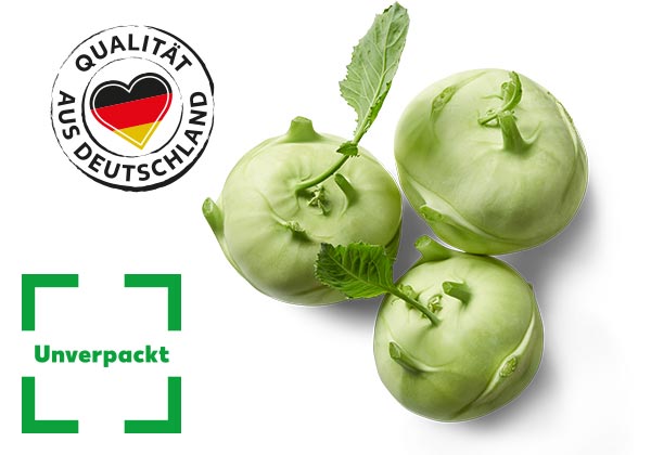 Dtsch. Kohlrabi; Logo: Qualität aus Deutschland; Logo: Unverpackt