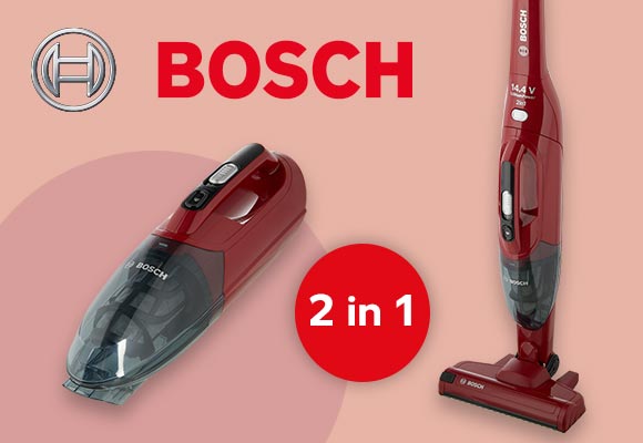 Logo: BOSCH; Abbildung: 2-in-1-Akkustaubsauber »BCHF2«; Störer: 2 in 1