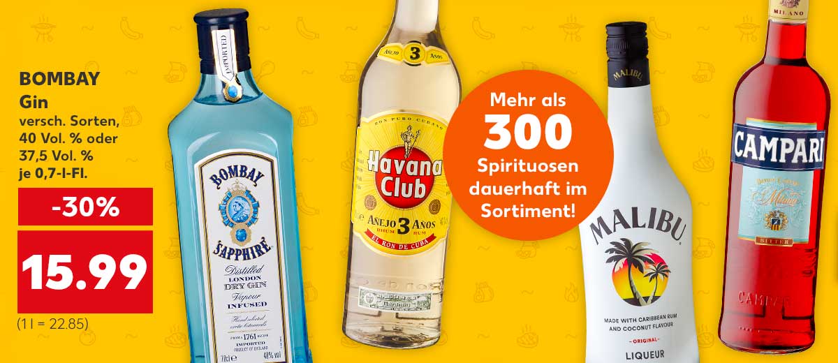 Störer: Mehr als 300 Spirituosen dauerhaft im Sortiment!; BOMBAY Gin, versch. Sorten, 40 Vol. % oder 37,5 Vol. %, je 0,7-l-Fl. für 15.99 Euro (1 l = 22.85); Weitere Produktabbildungen: HAVANA CLUB Rum, MALIBU Kokoslikör und CAMPARI Bitter 