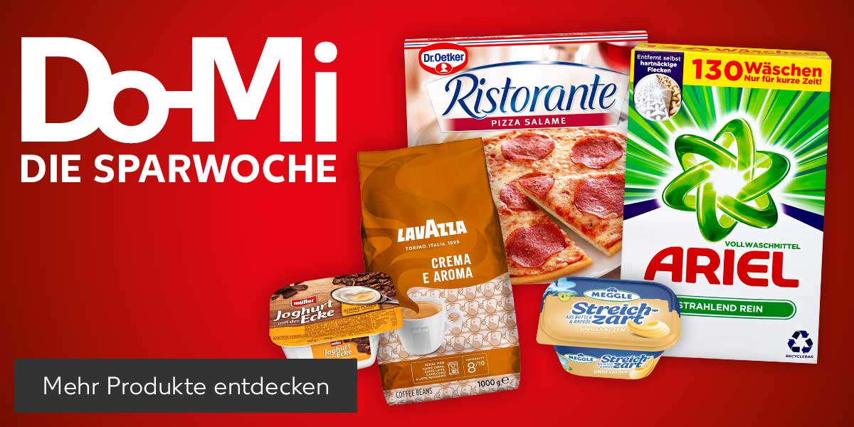 Schriftzug: Do-Mi DIE SPARWOCHE; Produktabbildungen: DR. OETKER Ristorante Pizza, Lavazza Crema e Aroma, Müller Joghurt mit der Ecke, Meggle Streichzart und ARIEL Voll- oder Colorwaschmittel