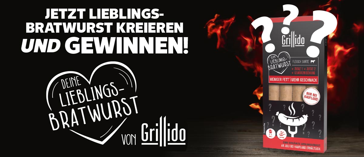 Schriftzug „Jetzt Lieblings-Bratwurst kreieren und gewinnen!”; Schriftzug: DEINE LIEBLINGSBRATWURST; Logo: von Grillido; Produktabbildung: Bratwurst von Grillido mit drei Fragezeichen