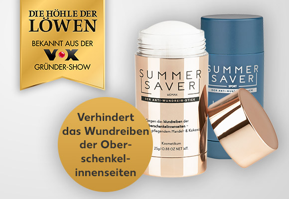Logo: DIE HÖHLE DER LÖWEN bekannt aus der VOX-GRÜNDER-SHOW; SUMMER SAVER; Anti-Wundreib-Stick; versch. Sorten; Störer: Verhindert das Wundreiben der Oberschenkelinnenseiten