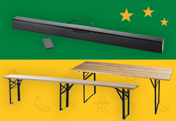 Abbildung: Fußball, SHARP Soundbar und COUNTRYSIDE® Klappbank und -tisch
