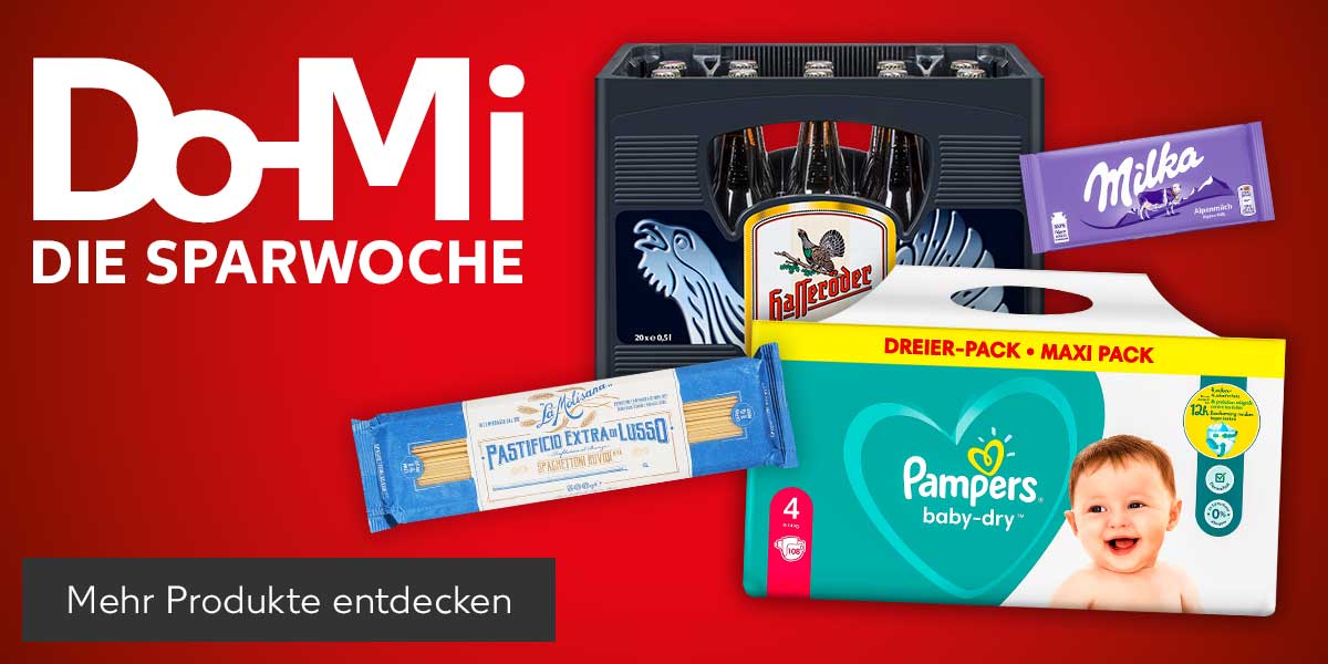 Logo: Do-Mi DIE SPARWOCHE; Produktabbildungen: HASSERÖDER Premium Pils, MILKA Schokolade, La Molisana Pasta und PAMPERS Windeln oder Pants; Button: Mehr Produkte entdecken