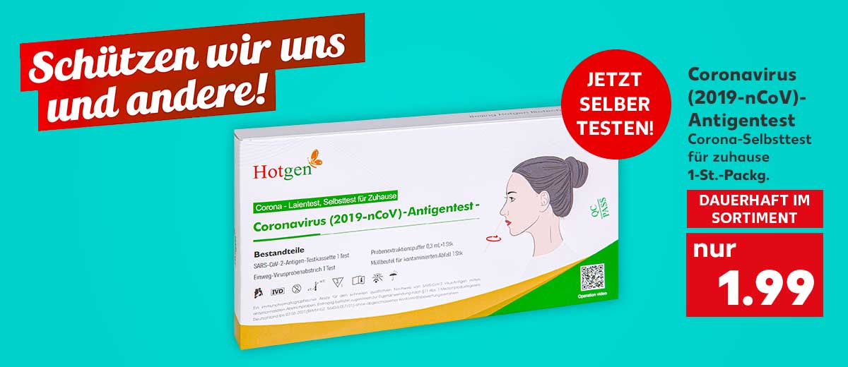 Schriftzug: Schützen wir uns und andere!; Coronavirus (2019-nCoV)-Antigentest, Corona-Selbsttest für zuhause; je 1-St.-Packg. für 1.99 Euro; Störer: JETZT SELBER TESTEN!