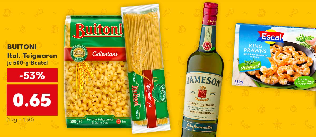 BUITONI Ital. Teigwaren, versch. Sorten, je 500-g-Beutel für 0.65 Euro (1 kg = 1.30); Weitere Produktabbildungen: JAMESON Irish Whiskey und ESCAL King Prawns Provençal oder Natur