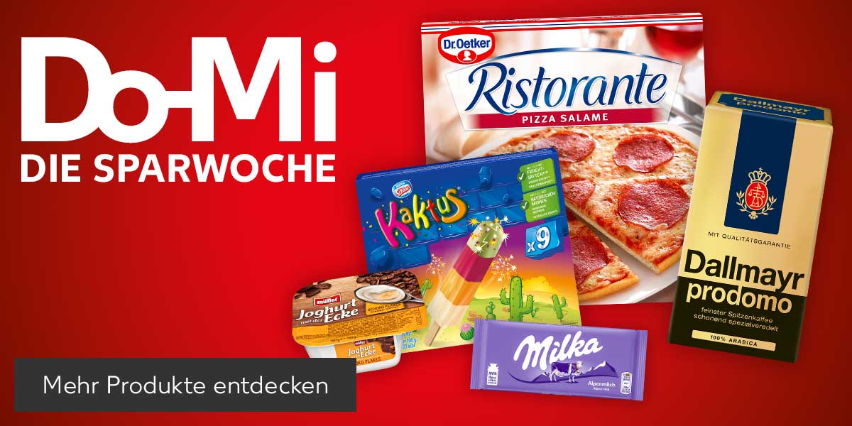 Schriftzug: Do-Mi DIE SPARWOCHE; Produktabbildung: DR. OETKER Ristorante Pizza, DALLMAYR Prodomo, MÜLLER Joghurt mit der Ecke, MILKA Schokolade und NESTLÉ SCHÖLLER Eisgenuss; Button: Mehr Produkte entdecken