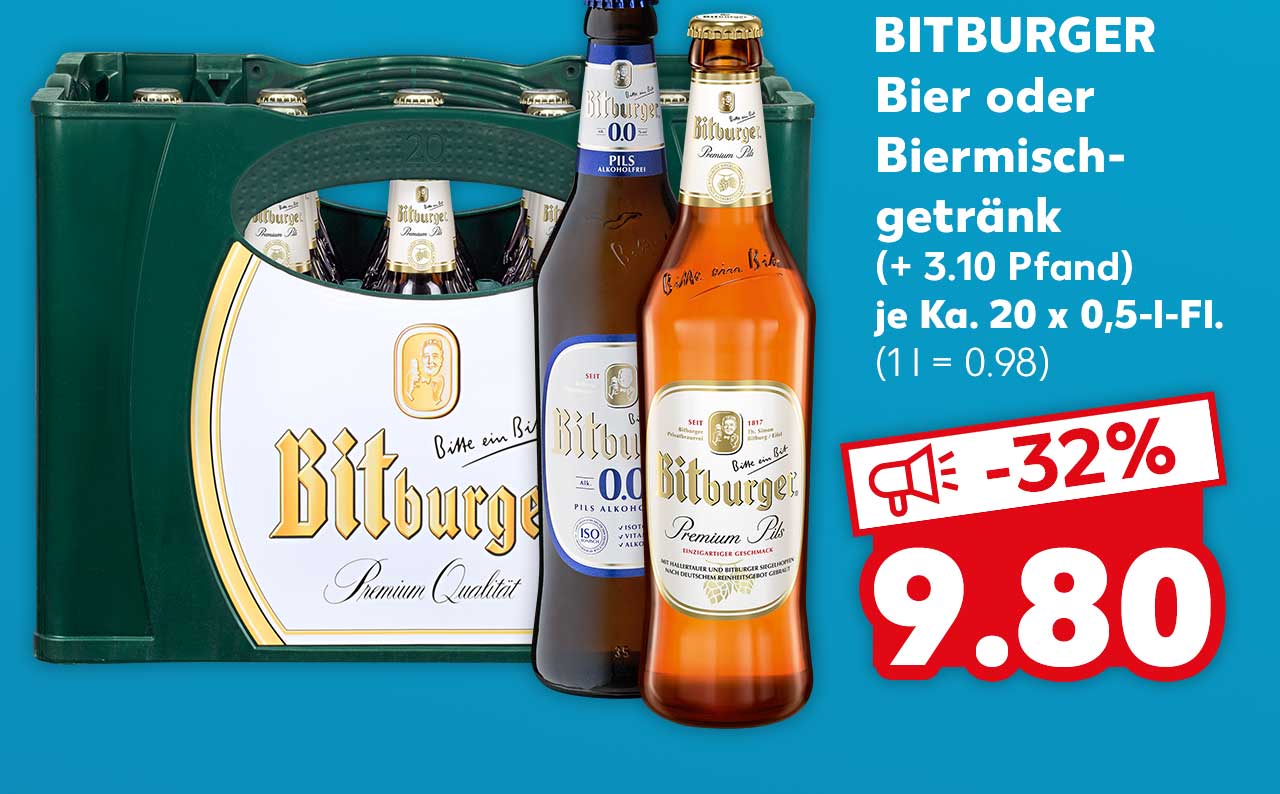 BITBURGER Bier oder Biermischgetränk (+ 3.10 Pfand), je Ka. 20 x 0,5-l-Fl. für 9.80 Euro (1 l = 0.98)